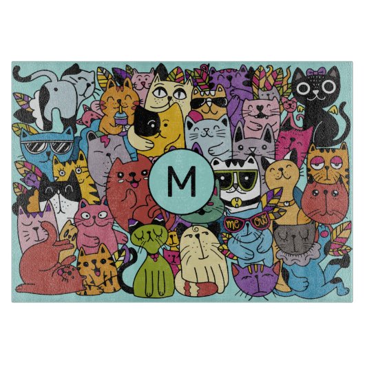 Custom Monogram Funny Cats Illustration Schneidebrett (Vorderseite)