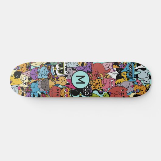 Custom Monogram Funny Cats Illustration Skateboard (Horizontal)