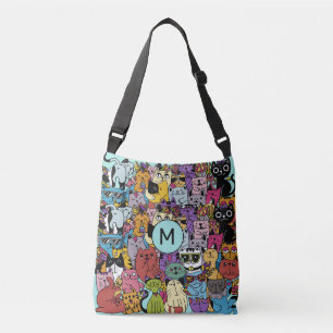 Custom Monogram Funny Cats Illustration Tragetaschen Mit Langen Trägern