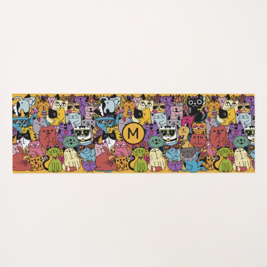 Custom Monogram Funny Cats Illustration Yogamatte (Rückseite (Horizontal))