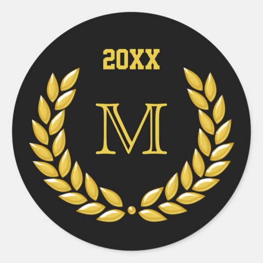 Custom Monogram Gold Laurel Wreath auf Black Runder Aufkleber (Vorderseite)