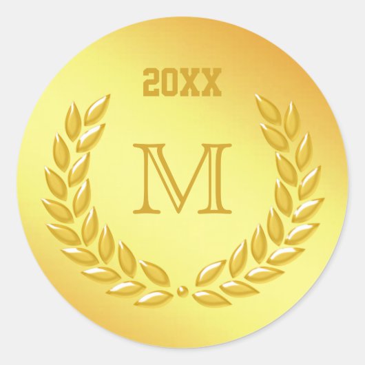 Custom Monogram Gold Laurel Wreath Runder Aufkleber (Vorderseite)