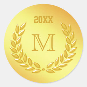 Custom Monogram Gold Laurel Wreath Runder Aufkleber
