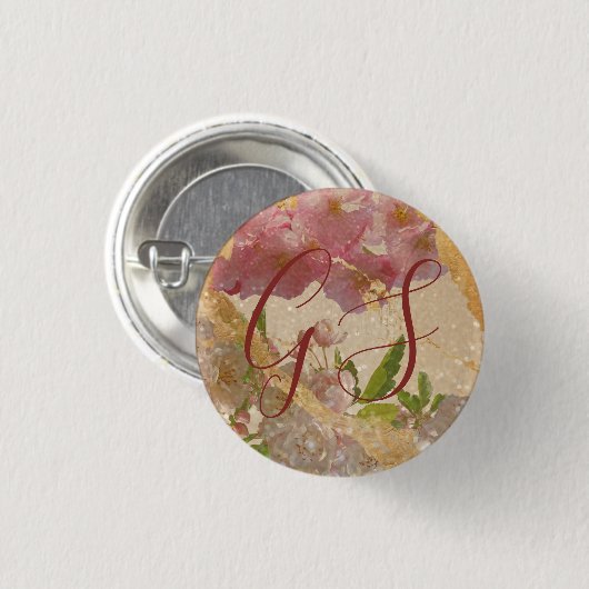 Custom Monogram Gold Shimmer Floral Decoupage Button (Vorne & Hinten)