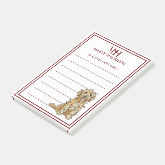 Custom Monogram Golden Doodle Holiday Geschenklist Post-it Klebezettel (angewinkelt)
