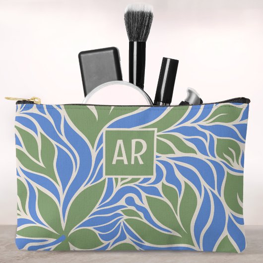 Custom Monogram Green & Blue Modern Floral Pattern Zubehörtasche