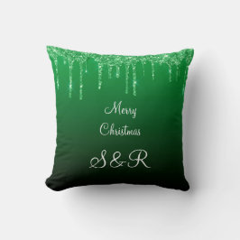 Custom Monogram Green Christmas Glitzer Tropfen Kissen