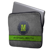 Custom Monogram Green und Black Leather Laptopschutzhülle (Vorderseite Links)