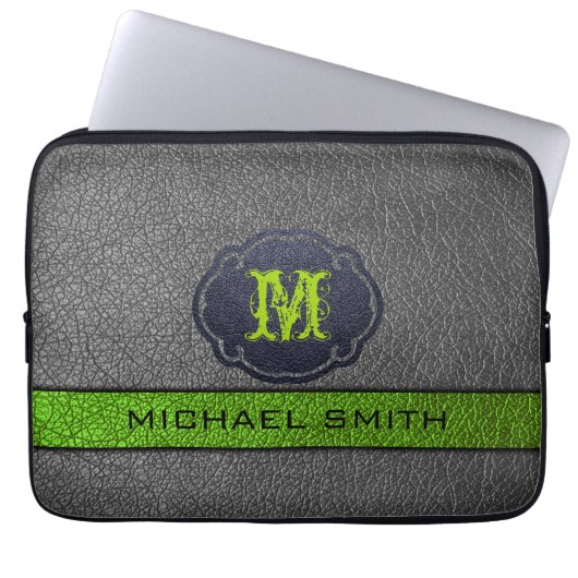 Custom Monogram Green und Black Leather Laptopschutzhülle (Vorderseite)