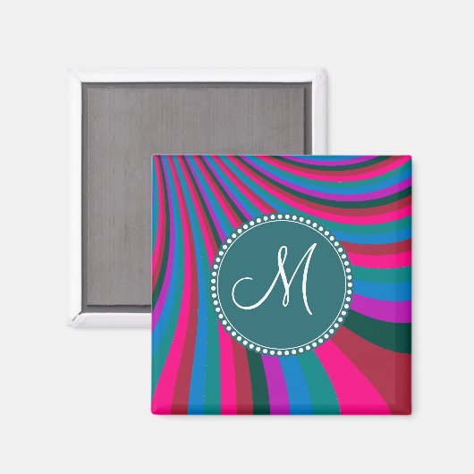 Custom Monogram Groovy Magenta Blue Stripes Magnet (Vorderseite/Rückseite)