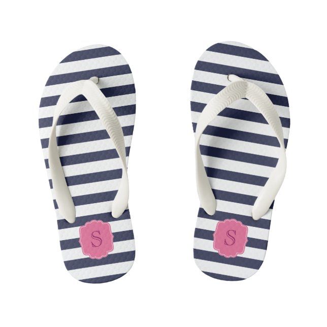 Custom Monogram Hübsch Navy Blue Stripes Kinderbadesandalen (Fußbett)