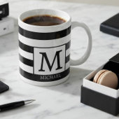 Custom Monogram Initial Name Black  White Stripes Tasse
