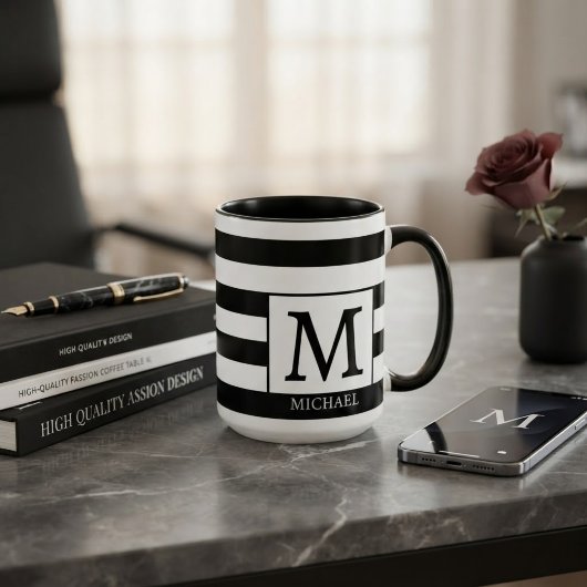 Custom Monogram Initial Name Black  White Stripes Tasse