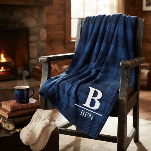 Custom Monogram Initial & Name Blue Buffalo Plaid Fleecedecke