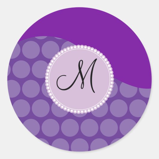 Custom Monogram Initial Purple Polka Dot Wave Runder Aufkleber (Vorderseite)