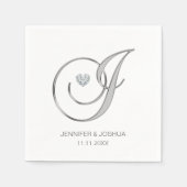 Custom Monogram Letter J Silver Heart Wedding Serviette (Vorderseite)