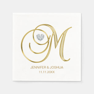 Custom Monogram Letter M Gold Heart Wedding Serviette