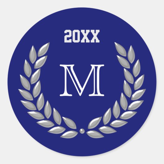 Custom Monogram Light Gray Laurel Wreath on Blue Runder Aufkleber (Vorderseite)