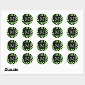 Custom Monogram Lime Green und Black Zebra Muster Runder Aufkleber (Blatt)