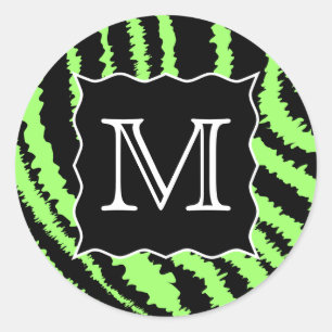 Custom Monogram Lime Green und Black Zebra Muster Runder Aufkleber
