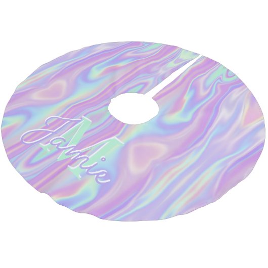 Custom Monogram Metallic Rainbow Iridescent Girl Polyester Weihnachtsbaumdecke (Schrägansicht)