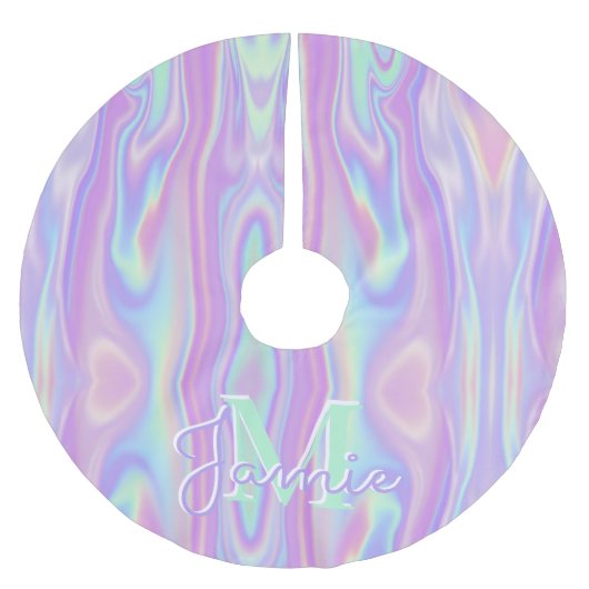 Custom Monogram Metallic Rainbow Iridescent Girl Polyester Weihnachtsbaumdecke (Vorderseite)