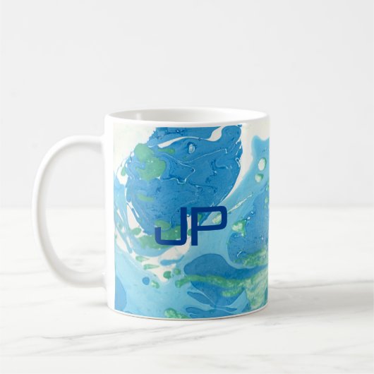 Custom Monogram Modern Abstrakt Art Blue Kaffeetasse (Links)