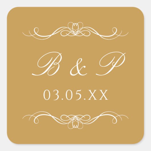 Custom Monogram Modern Elegant Gold Swirl Wedding Quadratischer Aufkleber (Vorderseite)