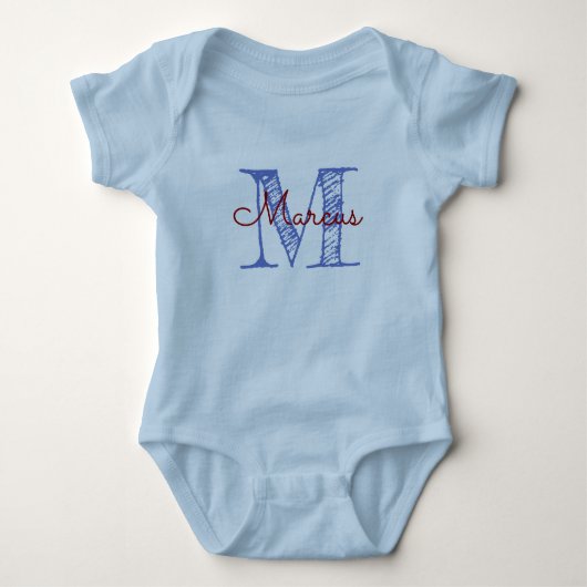 Custom Monogram Name Blue Baby Boy Hand Letter Strampler (Vorderseite)