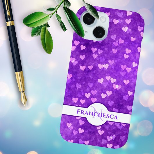 Custom Monogram Name Lila Heart Bokeh Art Case-Mate iPhone Hülle