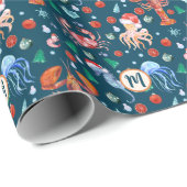 Custom Monogram Navy Blue Lobster Weihnachten Geschenkpapier (Rolleneckpunkt)