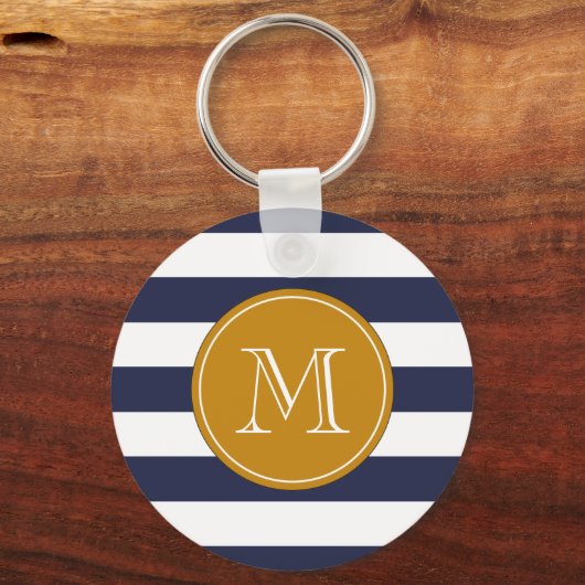Custom Monogram Navy Blue Strips Schlüsselanhänger (Vorderseite)