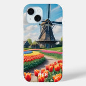 Custom Monogram Netherlands Windmill & Tulips Case-Mate iPhone Hülle (Rückseite)