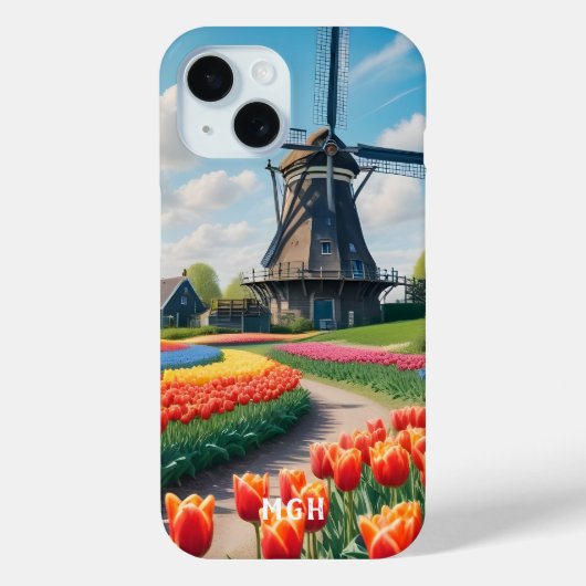 Custom Monogram Netherlands Windmill & Tulips Case-Mate iPhone Hülle (Rückseite)