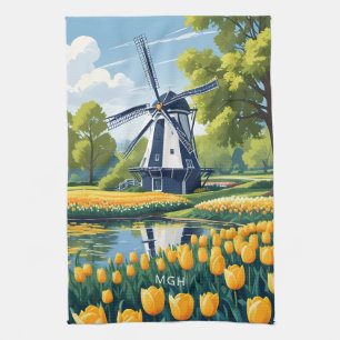 Custom Monogram Netherlands Windmills Geschirrtuch