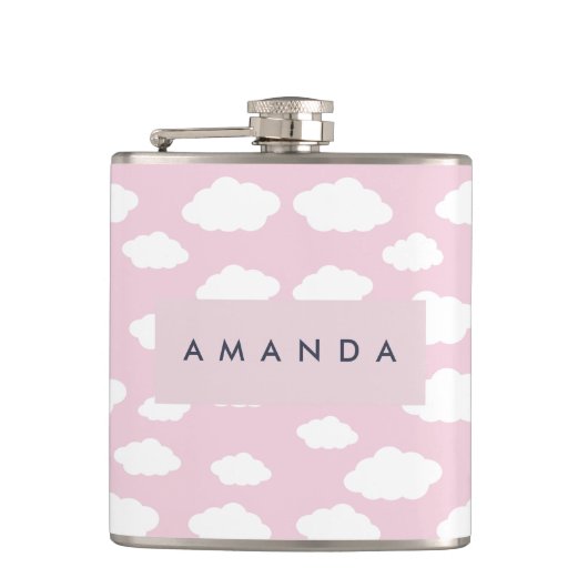 Custom Monogram Niedlich Girly Pink Cloud Geschenk Flachmann (Vorderseite)