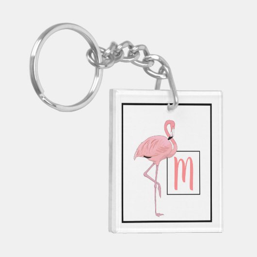 Custom Monogram Niedlich Pink Flamingo Wasserfarbe Schlüsselanhänger (Vorderseite links)