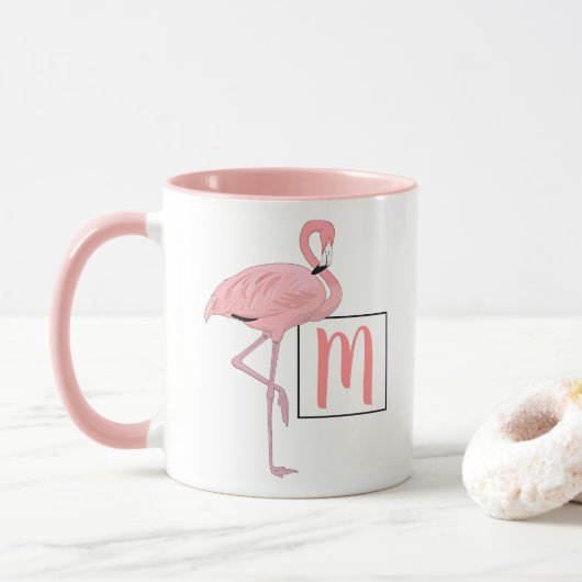 Custom Monogram Niedlich Pink Flamingo Wasserfarbe Tasse (Mit Donut)