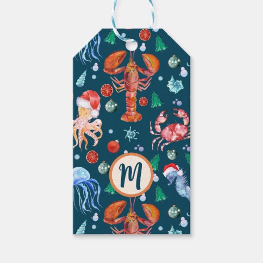 Custom Monogram Orange Lobster Weihnachten Geschenkanhänger (Vorderseite)