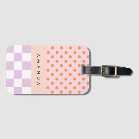 Custom Monogram Pastel Polka Dot Lilac Karo Gesche Gepäckanhänger (Vorderseite (Horizontal))