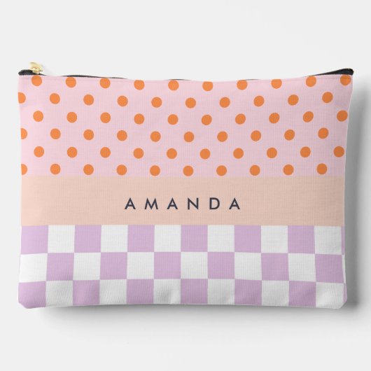 Custom Monogram Pastel Polka Dot Lilac Karo Gesche Zubehörtasche (Vorderseite)