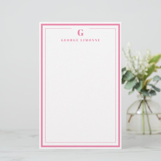 Custom Monogram Pink Border Stationery Briefpapier (Stehend Vorderseite)