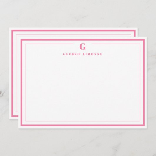 Custom Monogram Pink Border Stationery Mitteilungskarte (Vorne/Hinten)