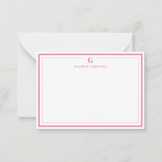 Custom Monogram Pink Border Stationery Mitteilungskarte (Vorderseite)