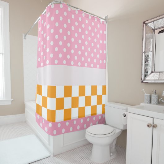 Custom Monogram Pink Orange Polka Dot Karo Duschvorhang (Beispiel)