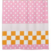 Custom Monogram Pink Orange Polka Dot Karo Duschvorhang (Vorderseite)