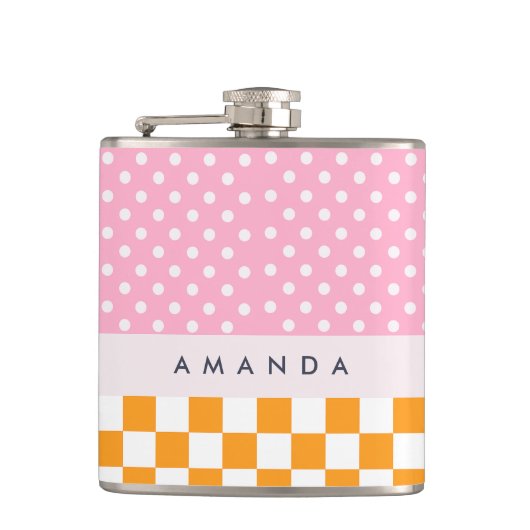Custom Monogram Pink Orange Polka Dot Karo Flachmann (Vorderseite)
