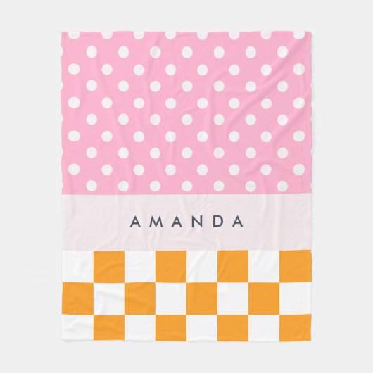 Custom Monogram Pink Orange Polka Dot Karo Fleecedecke (Vorderseite)