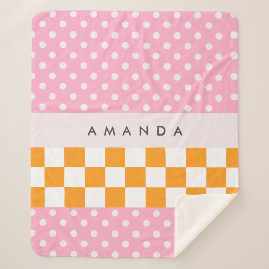 Custom Monogram Pink Orange Polka Dot Karo Sherpadecke (Vorderseite)