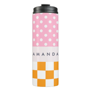 Custom Monogram Pink Orange Polka Dot Karo Thermosbecher